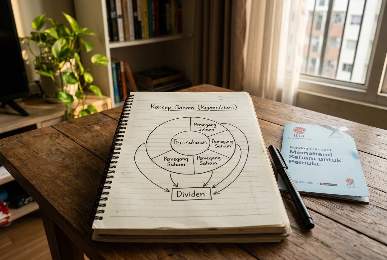 Diagram kepemilikan saham digambar tangan di buku catatan pemula